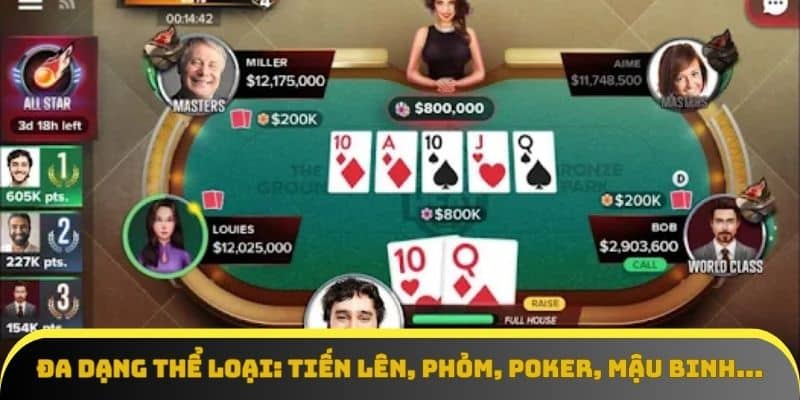 Đa dạng thể loại: tiến lên, phỏm, poker, mậu binh...